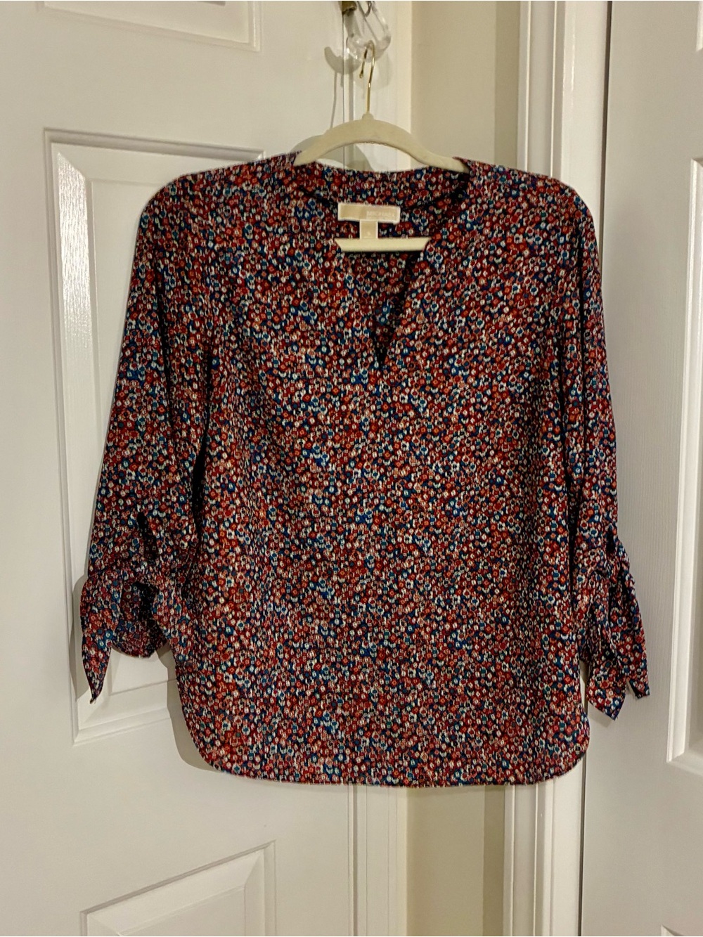 Michael Kors Red Floral V-Neck Blouse with Blue Accents
